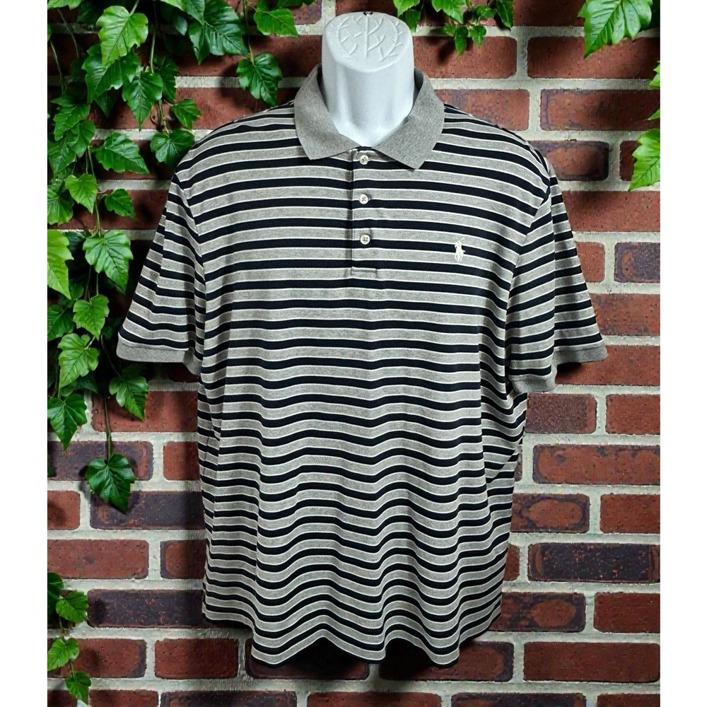 Men's Polo Ralph Lauren Polo Shirt Sz XL Gray Blue Striped Short Sleeve Classic